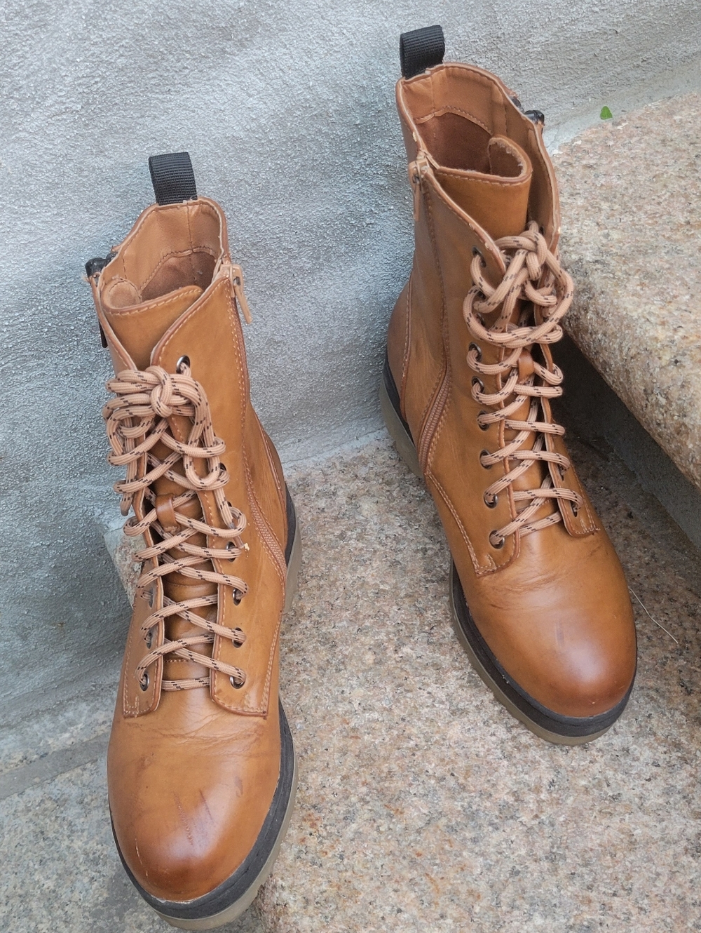 MIA Cognac Combat Boots | Lace-Up + Dual Zipper | Size 7.5